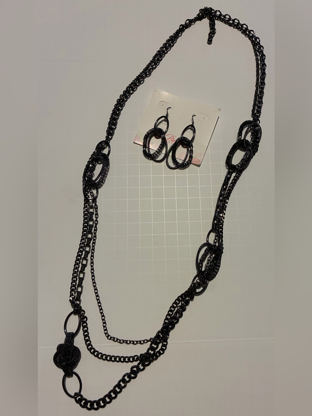 Premier Designs Black Multi-Chain Necklace and Hoop Earrings Set